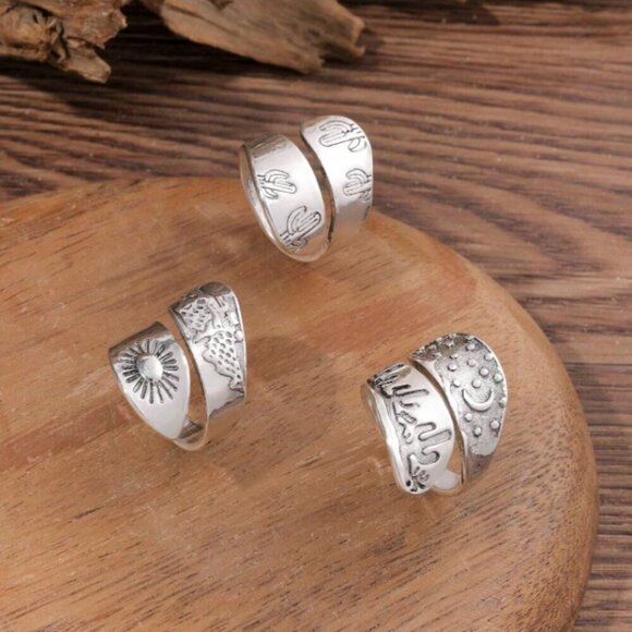 Southwest Adjustable Cuff Ring 3 Set Antique Silver Tone - Picture 1 of 5